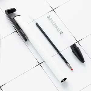 DIY sublimation metal ballpoint pen with phone holder clip, disassembled parts flat lay view.