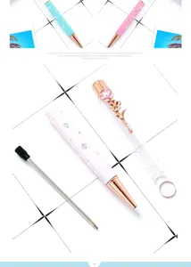 Λεπτομέρεια μεταλλικού στυλό διαρκείας DIY με κρύσταλλο, ροζ λουλουδάτο σχέδιο, ανταλλακτικό.