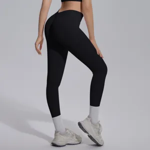 Seamless solid color high waist tight breathable yoga leggings set for women fitness running gym.