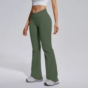 Women crossover high waist flared yoga pants seamless tummy control fitness trousers