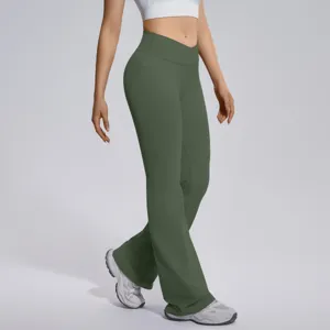 High-waist crossover flared yoga pants for women, tummy control stretch fitness leggings.