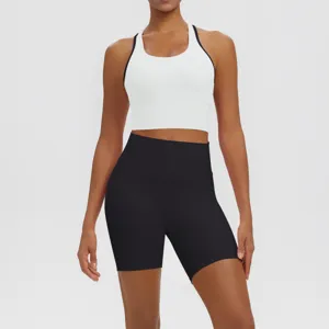 Women yoga set sports bra and high waist shorts details, breathable activewear training workout.