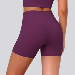 High-waisted stretchy yoga shorts detail view, premium breathable fabric for fitness and running.