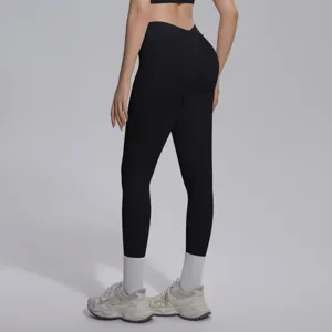 Detailed back view of black seamless knit V-waist fitness yoga leggings for women running gym wear.
