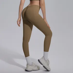 Seamless high waist yoga leggings for women, breathable fitness pants in brown color.