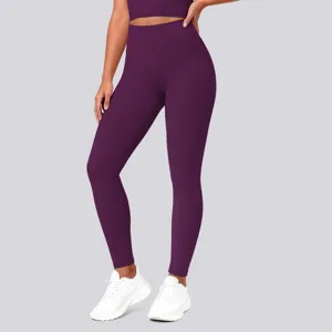 Detailed view of deep purple high-waisted yoga leggings and activewear set for women workout.