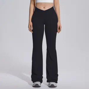 Women's crossover waist high stretch flare yoga pants athletic fitness running leggings
