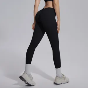 Seamless high waist yoga pants detail showcasing back fit, breathable stretchy activewear.