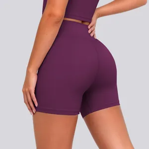 High-waisted purple yoga shorts, breathable stretch fitness activewear for workout.