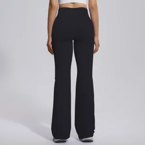 High waist black flare yoga pants back view, showing stretchy activewear fit and shape.