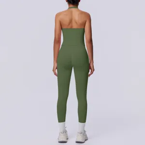 Completo sportivo senza cuciture tinta unita halter top da yoga e leggings due pezzi