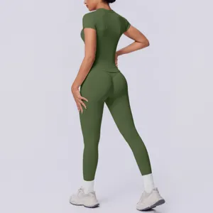 Naadloos gebreid effen ademend lang yogaset sportkleding fitness tweedelig setje pro