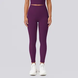 Detailed view of women high waist seamless yoga leggings solid color fitness running pants.