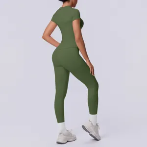 Naadloze gebreide effen korte mouw yoga set dames fitness hardlopen gym tweedelig