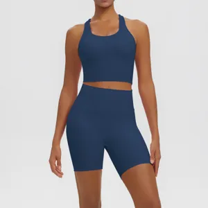 Solid color double-sided nylon backless tight breathable yoga set training sports running fitness
