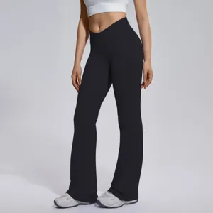 Crossover waist flare yoga pants, high waist tummy control workout fitness leggings for women.