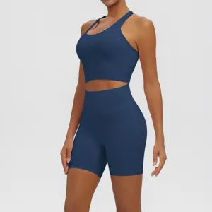 Solid color breathable yoga set nylon backless fitness activewear running training two-piece