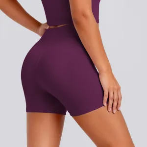 Detail view of high-waisted seamless yoga shorts, stretchy nude-feel fabric, breathable.