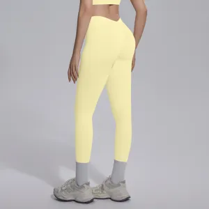 Back detail of seamless knit V-waist fitness yoga leggings showcasing butt lifting fit.