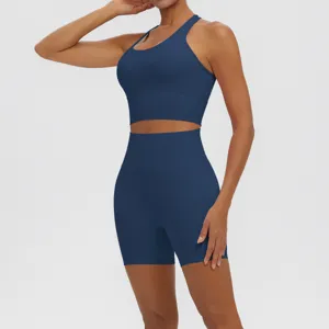 Detail view of the breathable blue sports bra and high-waist shorts activewear set.