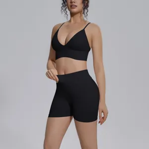 Conjunto de sujetador deportivo y shorts sin costuras, transpirable y elastico para yoga y gimnasio.