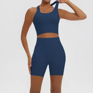 Details of solid color yoga set activewear bra shorts feature breathable comfort design.