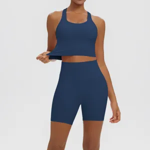 Close-up detail of solid color breathable backless yoga set for fitness running workout.