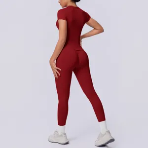 Naadloze gebreide effen korte mouw top en hoge taille yoga legging fitness set detail