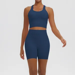 Solid color two piece yoga set athletic crop top high waist biker shorts for women workout