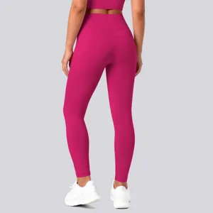 Back view of high waist pink yoga leggings, stretchy fitness tights for running and gym workouts.
