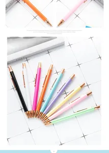 Minimalist metal ballpoint pens in candy colors with press design for office and school.