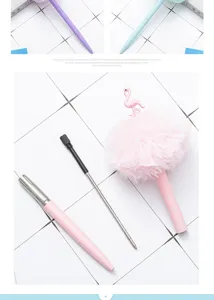 Cute cartoon flamingo plush ballpoint pen with pink furry pom pom and refill details.