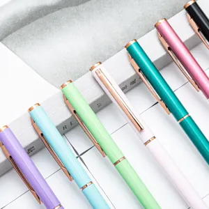 Colorful metal ballpoint pens set with rose gold clip, smooth writing for office and business.
