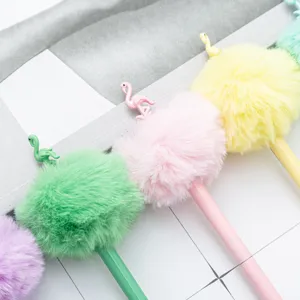 Cute cartoon flamingo plush pom-pom ballpoint pen, colorful furry stationery school supplies.