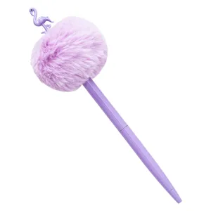 Creative purple flamingo plush ballpoint pen cute fluffy pom pom student stationery writing pen