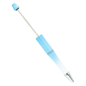 DIY beadable ballpoint pen with blue glitter gradient barrel and metal rod for creative handmade crafts.
