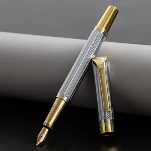 Vintage Metalen Vulpen Fijne Punt Zakelijk Schrijven Kalligrafie Pen Met Draaibare Inktabsorber Zilveren Raster Ontwerp