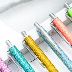 Colorful glitter retractable ballpoint pens set, smooth writing office stationery.
