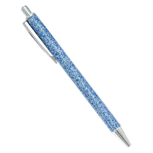 Blue glitter retractable ballpoint pen, shiny smooth office and school stationery tool.