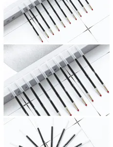 Detailed shot of 1.0mm ballpoint pen refills with clear tubes and red tips for smooth writing.