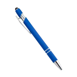 Blauer Metallkugelschreiber mit kapazitiver Eingabestiftspitze und silbernem Clip.