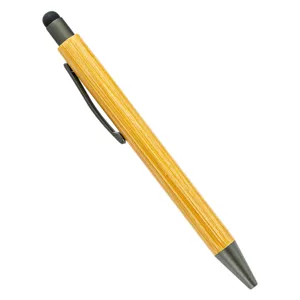 Eco-friendly bamboo ballpoint pen with stylus tip and metal clip for office and school.