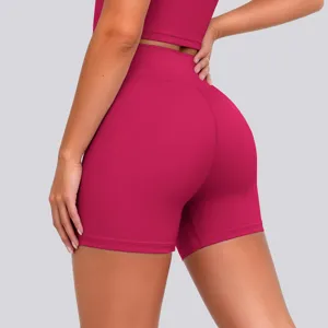 Close-up view of high waist fitness yoga shorts showing seamless shaping and stretch fabric.