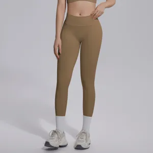 Seamless knit solid V-waist yoga leggings for women, breathable fitness and running athletic pants.