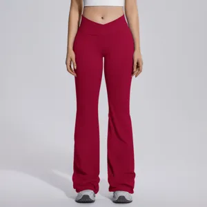 High waist crossover flare pants detail, stretchy fabric, comfortable yoga activewear fit.