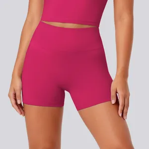 Close-up detail view of high-waist seamless yoga shorts with stretchy breathable fabric design.