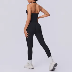 Completo yoga fitness senza cuciture monocolore collo all'americana schiena scoperta due pezzi.