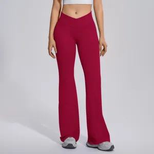 Women's high waist crossover flare yoga pants seamless tummy control fitness running trousers