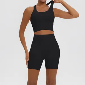 Solid color ribbed yoga set women sports fitness two-piece athletic wear running gym outfit