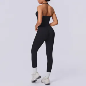 Completo sportivo yoga fitness senza cuciture monocolore schiena scoperta due pezzi